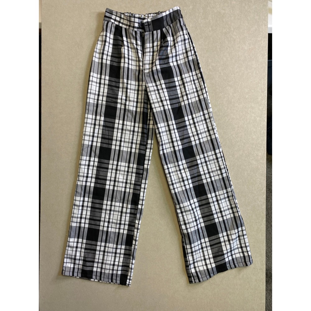 Rue21 Black White Plaid Wide Leg Pants High Rise Elastic Waist Womens Small